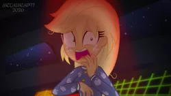 Size: 8000x4500 | Tagged: safe, artist:metalhead97, derpibooru import, applejack, comic:applejack gets anal probed, equestria girls, applejack's hat, breasts, clothes, cowboy hat, dark, freckles, hat, nervous, pajamas, scared, show accurate, spaceship