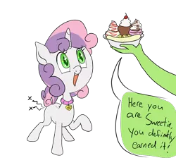 Size: 1000x935 | Tagged: suggestive, artist:happy harvey, derpibooru import, sweetie belle, oc, oc:anon, human, pony, unicorn, banana, banana split, blank flank, cherry, chocolate syrup, collar, dialogue, drawn on phone, female, filly, food, ice cream, implied anal, implied foalcon, implied sex, offscreen character, pet, pineapple, raised hoof, raised tail, simple background, slave, spread legs, spreading, starry eyes, strawberry syrup, tail, transparent background, whipped cream, wingding eyes