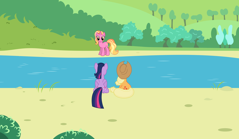 Size: 7040x4100 | Tagged: safe, artist:estories, artist:jaredking203, artist:melisareb, deleted from derpibooru, derpibooru import, applejack, luster dawn, twilight sparkle, twilight sparkle (alicorn), alicorn, earth pony, pony, unicorn, absurd resolution, cowboy hat, female, hat, lake, mare, show accurate, sitting, stetson, story included, time travel, trio, water