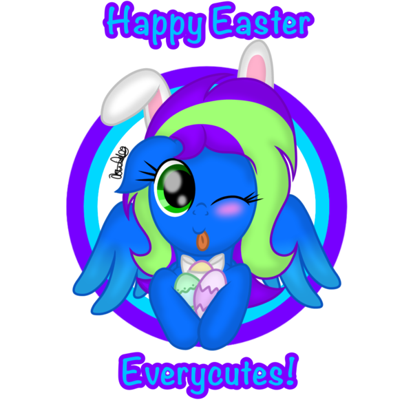 Size: 1060x1060 | Tagged: safe, artist:xxxdavid09xxx, derpibooru import, oc, oc:blazey, oc:novastar blaze, unofficial characters only, pegasus, pony, bunny ears, cute, easter, easter egg, female, folded wings, holiday, mare, one eye closed, pegasus oc, ribbon, signature, simple background, solo, sticking tongue out, text, tongue out, transparent background, wings, wink, winking at you