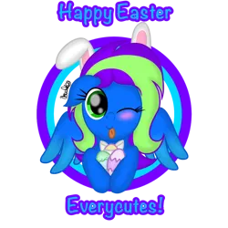 Size: 1060x1060 | Tagged: safe, artist:xxxdavid09xxx, derpibooru import, oc, oc:blazey, oc:novastar blaze, unofficial characters only, pegasus, pony, bunny ears, cute, easter, easter egg, female, folded wings, holiday, mare, one eye closed, pegasus oc, ribbon, signature, simple background, solo, sticking tongue out, text, tongue out, transparent background, wings, wink, winking at you