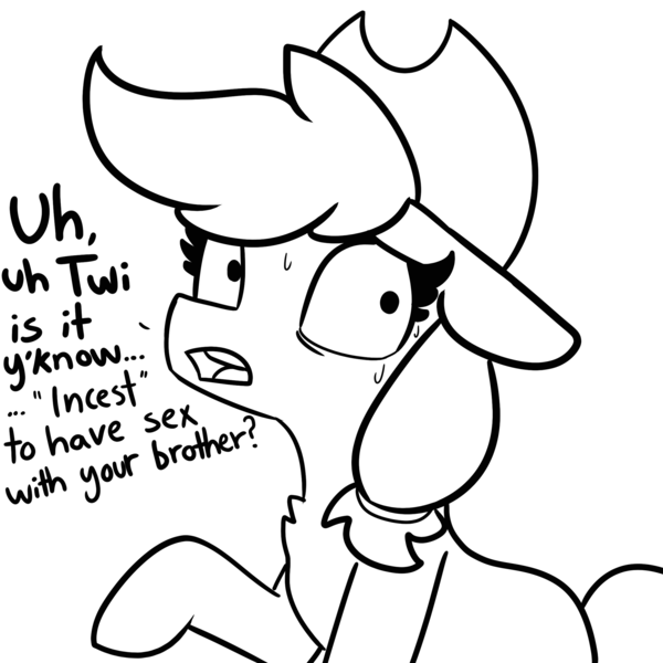 Size: 2250x2250 | Tagged: suggestive, artist:tjpones, derpibooru import, part of a set, applejack, earth pony, pony, applejack's hat, chest fluff, cowboy hat, dialogue, explicit source, female, hat, implied applecest, implied applemac, implied big macintosh, implied incest, implied infidelity, implied sex, implied shining armor, implied shiningsparkle, implied shipping, implied straight, implied twilight sparkle, mare, monochrome, offscreen character, simple background, sweat, white background