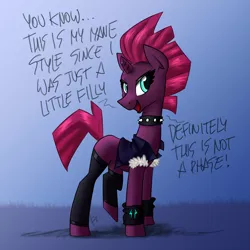 Size: 3000x3000 | Tagged: safe, artist:elite-bean-dip, artist:flutterthrash, derpibooru import, edit, tempest shadow, pony, unicorn, adult blank flank, broken horn, choker, clothes, dialogue, exclamation point, eye scar, female, grammar error, horn, it's not a phase, mare, metal, scar, smiling, solo, spiked choker, storm king's emblem, talking to viewer, wristband