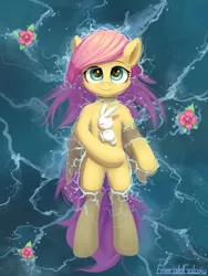 Size: 1500x2000 | Tagged: safe, artist:emeraldgalaxy, derpibooru import, angel bunny, fluttershy, pegasus, pony, rabbit, animal, cute, duo, female, floating, flower, looking up, mare, on back, shyabetes, stray strand, water, wings