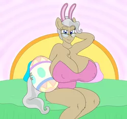 Size: 1908x1800 | Tagged: suggestive, artist:gunpowdergreentea, derpibooru import, mayor mare, anthro, earth pony, big breasts, breasts, bunny ears, bunny suit, busty mayor mare, clothes, easter egg, female, glasses, huge breasts, hyper, hyper breasts, impossibly large breasts, mare, sitting, solo, solo female