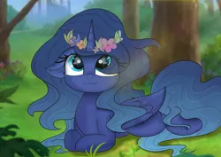 Size: 5787x4092 | Tagged: safe, artist:janelearts, derpibooru import, princess luna, alicorn, pony, :3, cute, eye clipping through hair, female, floppy ears, floral head wreath, flower, flower in hair, folded wings, forest, lunabetes, outdoors, prone, smiling, solo, three quarter view, tree, wings