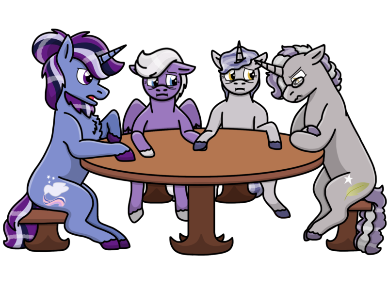 Size: 2048x1536 | Tagged: safe, artist:kindheart525, artist:peep-dis, derpibooru import, silver script, star bright, oc, oc:dusk star, oc:gilded prose, pegasus, unicorn, kindverse, father and child, father and son, gay, glasses, magical gay spawn, male, offspring, parent:silver script, parent:star bright, parent:twilight sparkle, parents:starscript, parents:twiscript, shipping, simple background, starscript, table, transparent background