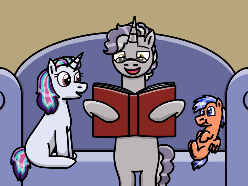 Size: 2048x1536 | Tagged: safe, artist:kindheart525, derpibooru import, oc, oc:gilded prose, oc:moonbow, oc:orange soda, pegasus, pony, unicorn, kindverse, baby, baby pony, book, glasses, magical gay spawn, offspring, parent:oc:dusk star, parent:oc:firework, parent:silver script, parent:star bright, parents:oc x oc, parents:starscript, uncle and nephew, uncle and niece
