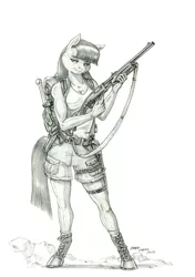 Size: 1000x1422 | Tagged: safe, artist:baron engel, derpibooru import, maud pie, anthro, earth pony, pony, unguligrade anthro, gun, monochrome, pencil drawing, shotgun, solo, story included, traditional art, weapon
