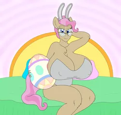 Size: 1908x1800 | Tagged: suggestive, alternate version, artist:gunpowdergreentea, derpibooru import, mayor mare, anthro, earth pony, big breasts, breasts, bunny ears, bunny suit, busty mayor mare, clothes, easter egg, female, glasses, huge breasts, hyper, hyper breasts, impossibly large breasts, mare, sitting, solo, solo female