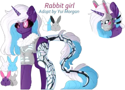 Size: 3500x2500 | Tagged: safe, alternate version, artist:yui morgan, derpibooru import, oc, oc:usagi (cyborg), unofficial characters only, cyborg, pony, rabbit, unicorn, amputee, animal, bomber jacket, chest fluff, clothes, ear fluff, female, jacket, mare, mask, open mouth, prosthetic leg, prosthetic limb, prosthetics, reference sheet, scar, simple background, solo, transparent background