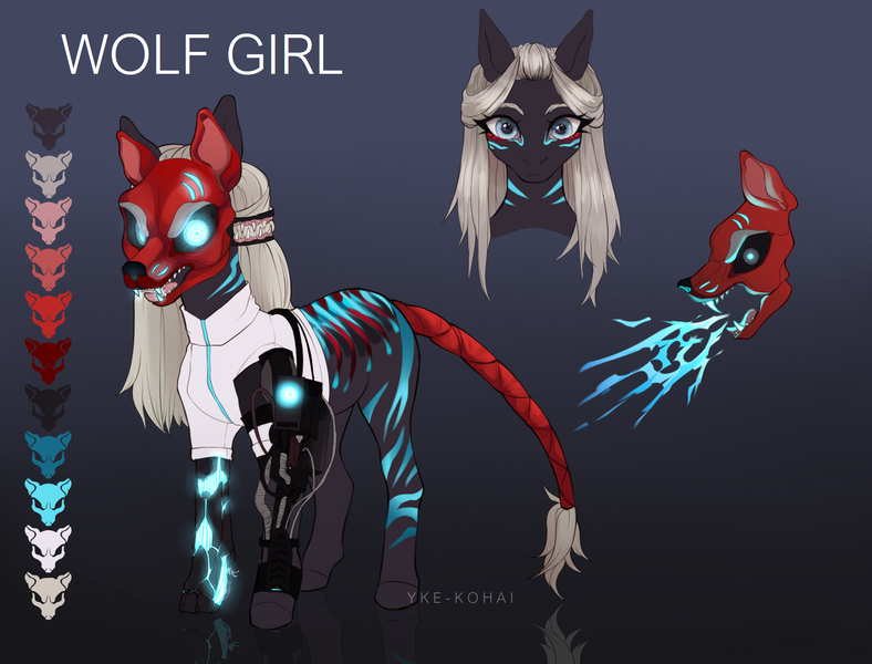 Size: 2100x1600 | Tagged: safe, artist:yke_kohai, derpibooru import, oc, oc:vilkas, unofficial characters only, cyborg, earth pony, pony, wolf, amputee, clothes, female, jacket, mare, markings, mask, prosthetic limb, prosthetics, reference sheet, solo