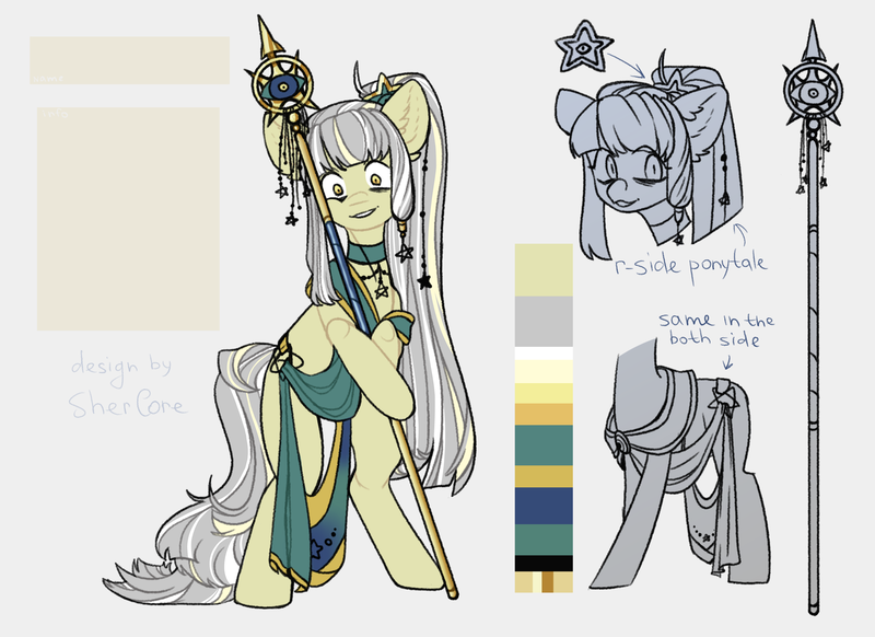 Size: 3635x2645 | Tagged: safe, artist:shercore, derpibooru import, oc, oc:tauri, unofficial characters only, earth pony, pony, bipedal, choker, clothes, ear fluff, ear piercing, earring, female, jewelry, mare, necklace, piercing, priestess, reference sheet, regalia, robe, solo, staff