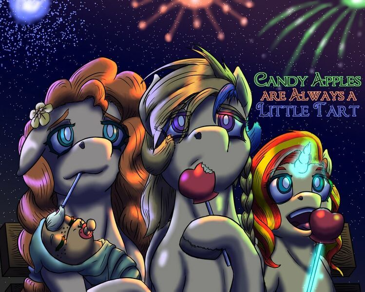 Size: 1024x820 | Tagged: safe, artist:korencz11, derpibooru import, applejack, baby applejack, pear butter, sunset shimmer, earth pony, pegasus, pony, unicorn, fanfic, fanfic:candy apples are always a little tart, apple, apple family member, baby, baby pony, bench, candy apple (food), fanfic art, fanfic cover, fireworks, food, text, title