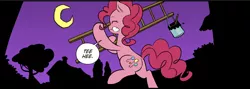 Size: 1768x629 | Tagged: safe, artist:nekoshiei, color edit, derpibooru import, edit, editor:anonycat, seven seas, pinkie pie, earth pony, pony, my little pony: the manga, my little pony: the manga volume 2, spoiler:manga, spoiler:manga2, colored, crescent moon, cropped, eyes closed, female, giggling, ladder, mare, moon, night, paint, paint bucket, paintbrush, solo