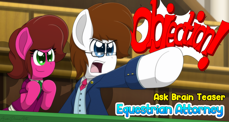 Size: 3000x1600 | Tagged: safe, artist:aarondrawsarts, derpibooru import, oc, oc:brain teaser, oc:rose bloom, earth pony, ace attorney, ask brain teaser, brainbloom, clothes, female, glasses, lawyer, male, objection, oc x oc, pointing, shipping, shout, straight, suit, tumblr