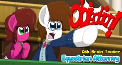 Size: 3000x1600 | Tagged: safe, artist:aarondrawsarts, derpibooru import, oc, oc:brain teaser, oc:rose bloom, earth pony, ace attorney, ask brain teaser, brainbloom, clothes, female, glasses, lawyer, male, objection, oc x oc, pointing, shipping, shout, straight, suit, tumblr
