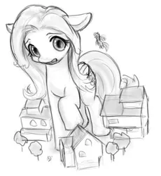 Size: 489x531 | Tagged: safe, artist:alloyrabbit, derpibooru import, fluttershy, pegasus, pony, female, giant pony, giantess, houses, macro, mare, monochrome, raised hoof, tree