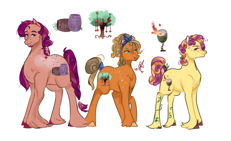 Size: 1280x780 | Tagged: safe, artist:bunnari, derpibooru import, oc, oc:abundandit basket, oc:maliade, oc:silenus sangria, unofficial characters only, earth pony, pony, female, magical lesbian spawn, male, mare, offspring, parent:applejack, parent:berry punch, parent:carrot top, simple background, stallion, transparent background