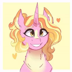 Size: 564x564 | Tagged: safe, artist:scarletskitty12, derpibooru import, luster dawn, pony, unicorn, the last problem, blaze (coat marking), bust, chest fluff, cute, ear fluff, female, heart, lusterbetes, mare, pale belly, portrait, smiling, solo