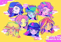 Size: 2011x1386 | Tagged: safe, artist:0828m-mlp, derpibooru import, applejack, fluttershy, pinkie pie, rainbow dash, rarity, sci-twi, sunset shimmer, twilight sparkle, equestria girls, anime style, bust, cute, female, humane five, humane seven, humane six, looking at you, open mouth, portrait