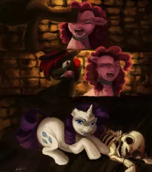 Size: 3505x3963 | Tagged: grimdark, artist:misstwipietwins, derpibooru import, pinkie pie, rarity, oc, oc:varan, earth pony, pony, unicorn, abuse, biting, blood, bone, cannibalism, collar, comic, dead, dungeon, female, gritted teeth, injured, leash, mare, pinkiebuse, punch, raribuse, skeleton, torn ear