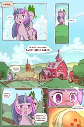 Size: 960x1440 | Tagged: suggestive, artist:cold-blooded-twilight, derpibooru import, applejack, spike, twilight sparkle, dragon, pony, unicorn, cold blooded twilight, comic:cold storm, apple, applebutt, blushing, butt, cloud, cloudy, comic, cutie mark, dialogue, farm, female, food, lesbian, lesbian in front of boys, male, plot, riding, riding a pony, shipping, sweet apple acres, twijack