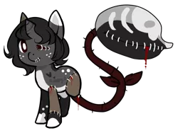 Size: 696x522 | Tagged: amputee, artist:skulifuck, augmented tail, blood, bone, derpibooru import, frankenpony, freckles, horn, missing limb, monster pony, oc, original species, piranha plant pony, plant, plant pony, safe, simple background, stitches, stump, transparent background, unofficial characters only