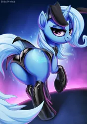 Size: 718x1017 | Tagged: suggestive, artist:zazush-una, derpibooru import, trixie, pony, unicorn, bunny ears, bunny suit, butt, clothes, female, latex, latex panties, latex socks, latex suit, looking at you, looking back, looking back at you, mare, plot, socks, solo, solo female, the great and powerful ass