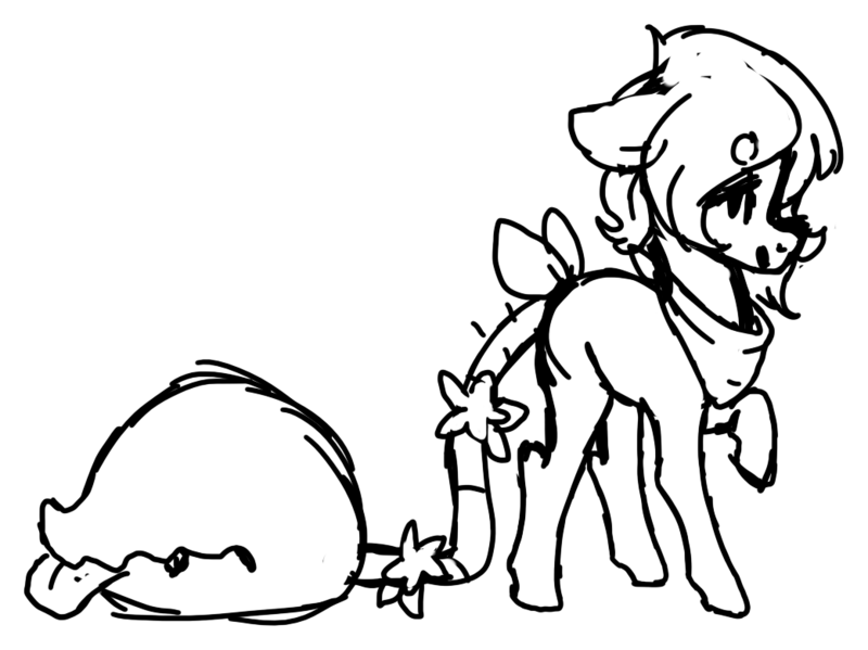 Size: 1041x780 | Tagged: safe, artist:skulifuck, derpibooru import, oc, oc:bloom, oc:blossom, unofficial characters only, monster pony, original species, piranha plant pony, plant pony, augmented tail, fangs, female, lineart, monochrome, neckerchief, plant, raised hoof, tongue out