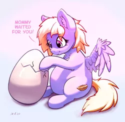 Size: 2706x2642 | Tagged: safe, artist:xbi, derpibooru import, oc, unofficial characters only, pegasus, pony, behaving like a bird, dialogue, egg, gradient background, hatching, pregnant