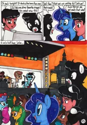 Size: 2081x2976 | Tagged: safe, artist:newyorkx3, derpibooru import, princess luna, oc, oc:tommy, oc:tommy junior, alicorn, earth pony, comic:young days, comic, concert, drums, guitar, microphone, musical instrument, stage