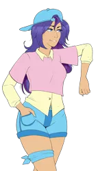 Size: 3300x5100 | Tagged: safe, artist:emberfan11, artist:icey-wicey-1517, color edit, derpibooru import, edit, rarity, human, alternate hairstyle, backwards ballcap, baseball cap, cap, clothes, colored, denim shorts, disguise, female, grin, hand in pocket, hat, humanized, plainity, sexy, shirt, shorts, simple background, smiling, solo, t-shirt, tomboy, transparent background