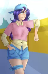 Size: 3300x5100 | Tagged: alternate hairstyle, artist:bublebee123, artist:emberfan11, backwards ballcap, baseball cap, cap, clothes, colored, color edit, derpibooru import, disguise, edit, female, grin, hat, human, humanized, plainity, rarity, safe, shirt, shorts, smiling, solo, t-shirt