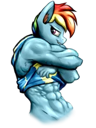 Size: 747x986 | Tagged: abs, anthro, armpits, artist:rizzyofen, belly button, bodybuilder, clothes, derpibooru import, ear fluff, female, fit, looking at you, muscles, muscular female, pegasus, rainbow dash, rainbuff dash, sexy, shirt, shirt lift, simple background, smiling, smirk, solo, solo female, suggestive, sweat, transparent background, uniform, wet, wonderbolts uniform
