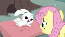 Size: 1920x1080 | Tagged: safe, derpibooru import, screencap, angel bunny, fluttershy, pony, rabbit, she talks to angel, animal, body swap, bruised, duo, female, jumping, male, mare, open mouth, pillow
