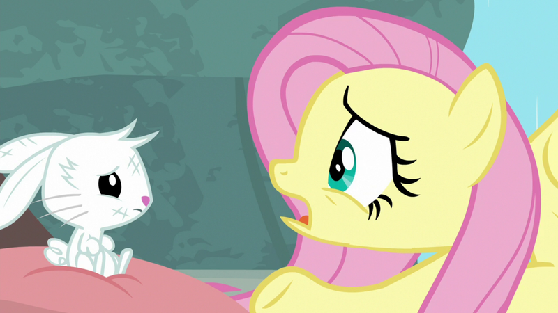 Size: 1920x1080 | Tagged: safe, derpibooru import, screencap, angel bunny, fluttershy, pony, rabbit, she talks to angel, animal, body swap, bruised, duo, female, male, mare, pillow