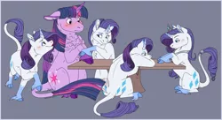 Size: 2569x1393 | Tagged: safe, artist:arcticwaters, derpibooru import, rarity, twilight sparkle, twilight sparkle (alicorn), alicorn, pony, unicorn, bodyguard au, fanfic:crimson lips, fanfic:the enchanted kingdom, fanfic:the enchanted library, blushing, cloven hooves, commonity, fanfic art, female, holding hooves, jewelry, leonine tail, lesbian, lipstick, multeity, necklace, ponified humanized pony, princess rarity, rarilight, ring, scar, shipping, table, tail, tail ring, tiara, too many ponies