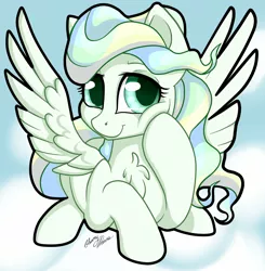 Size: 2006x2048 | Tagged: safe, artist:gleamydreams, derpibooru import, vapor trail, pegasus, pony, chest fluff, cloud, cute, female, high res, mare, sky, solo, spread wings, vaporbetes, wings