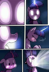 Size: 1920x2816 | Tagged: safe, artist:shieltar, derpibooru import, part of a set, twilight sparkle, pony, unicorn, comic:giant twilight, black hole, comic, explosion, female, giant pony, giantess, glowing eyes, glowing horn, horn, jewelry, macro, magic, mare, necklace, open mouth, part of a series, pony bigger than a planet, pony bigger than a solar system, pony bigger than a star, signature, size difference, solo, space, stars, unicorn twilight