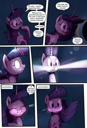 Size: 1920x2816 | Tagged: safe, artist:shieltar, derpibooru import, part of a set, twilight sparkle, pony, unicorn, comic:giant twilight, black hole, comic, cute, dialogue, explosion, female, giant pony, giantess, glowing eyes, horn, jewelry, macro, magic, mare, necklace, open mouth, part of a series, pony bigger than a planet, pony bigger than a solar system, pony bigger than a star, size difference, solo, space, stars, twiabetes