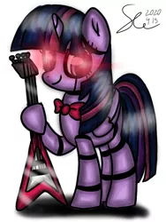 Size: 600x800 | Tagged: safe, artist:starflashing twinkle, derpibooru import, twilight sparkle, twilight sparkle (alicorn), alicorn, pony, robot, robot pony, bonnie, bowtie, cutie mark, evil, five nights at freddy's, glowing eyes, guitar, hooves, musical instrument, roboticization, shadow, solo, tail, twibot, wings