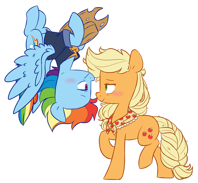 Size: 3031x2803 | Tagged: safe, artist:chub-wub, derpibooru import, applejack, rainbow dash, earth pony, pegasus, pony, the last problem, accessory theft, appledash, applejack's hat, blushing, clothes, cowboy hat, female, freckles, hat, jacket, lesbian, mare, older, older applejack, older rainbow dash, raised hoof, raised leg, shipping, simple background, tallulah, upside down, white background