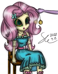 Size: 567x720 | Tagged: safe, artist:starflashing twinkle, derpibooru import, fluttershy, butterfly, equestria girls, belt, chair, clothes, dress, eye, eyes, hairpin, hand, hypnosis, implied sci-twi, pendulum swing, pocket watch, simple background, sitting, swirly eyes, white background