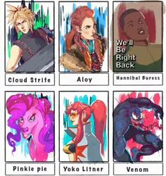 Size: 1935x2048 | Tagged: safe, artist:artofsiga, derpibooru import, earth pony, human, pony, six fanarts, aloy, bust, clothes, cloud strife, crossover, female, final fantasy, final fantasy vii, hannibal buress, horizon zero dawn, male, mare, marvel, sword, symbiote, tengen toppa gurren lagann, the eric andre show, venom, weapon, yoko littner