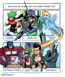 Size: 1715x2048 | Tagged: safe, artist:chickenzcomics, derpibooru import, rainbow dash, human, pegasus, pony, robot, six fanarts, clothes, crossover, eva-01, eyes closed, female, flying, food, gun, jon sable, locke the superman, male, mare, missing cutie mark, neon genesis evangelion, optimus prime, out of frame, popsicle, transformers, weapon