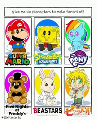 Size: 3277x4096 | Tagged: safe, artist:crystalworld128, derpibooru import, rainbow dash, anthro, human, pegasus, pony, six fanarts, anthro with ponies, arm behind head, beastars, chibi, clothes, crossover, facial hair, female, five nights at freddy's, freddy fazbear, grin, haru (beastars), hat, image, jpeg, male, mare, mario, moustache, my little pony logo, nintendo, plushie, sitting, smiling, spongebob squarepants, spongebob squarepants (character), super mario bros., top hat