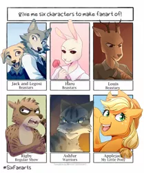 Size: 2000x2390 | Tagged: safe, artist:harvestbrook, derpibooru import, applejack, anthro, cat, dog, earth pony, pony, rabbit, wolf, six fanarts, animal, anthro with ponies, beastars, bust, clothes, crossed arms, crossover, eyelashes, female, flower, freckles, grumpy, haru (beastars), hat, jack (beastars), legosi (beastars), male, mare, open mouth, out of frame, regular show, rigby, rose, smiling, speedpaint available