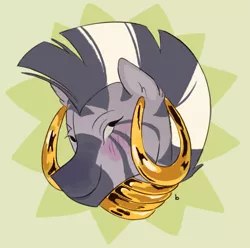 Size: 1211x1201 | Tagged: artist:cushioncoin, blushing, bust, cute, derpibooru import, ear piercing, earring, female, jewelry, lidded eyes, mare, neck rings, piercing, portrait, safe, simple background, smiling, solo, zebra, zecora, zecorable