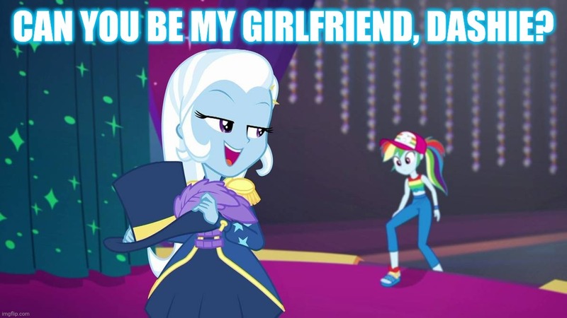 Size: 1192x670 | Tagged: safe, derpibooru import, edit, edited screencap, screencap, rainbow dash, trixie, equestria girls, spring breakdown, caption, female, image macro, lesbian, meme, shipping, text, trixdash, trixie yells at everything